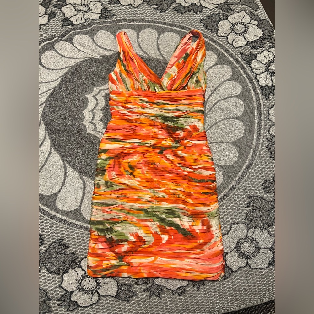 Monique Lhuillier Orange, Green & Cream Ruched V-Neck Dress